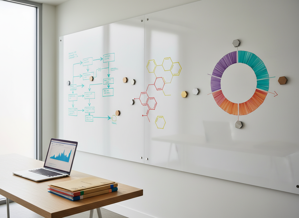 A polished whiteboard wall stretching across a modern project room, covered with elegantly drawn flowcharts, chemical pathways, and market segmentation diagrams in precise, color-coded markers. Magnetic hexagonal tokens represent decision points and milestones, casting tiny shadows on the glossy surface. A slim, high table in front holds a laptop displaying a clean Gantt chart and a few neatly stacked briefing folders with color-tabbed edges. Daylight pours in from a side window with frosted glass, creating soft, diffused illumination and subtle reflections on the whiteboard. Photographed from a wide-angle perspective at standing height, with crisp focus throughout, the composition follows the rule of thirds, leading the eye along the structured strategy journey. The atmosphere is highly organized, collaborative, and solution-oriented, in a bright, modern, photographic realism style.